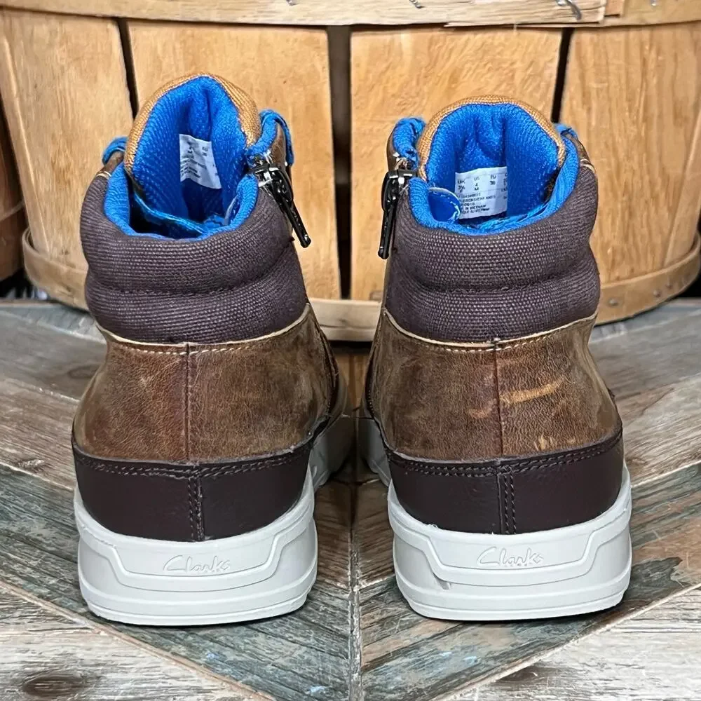 Clarks x Jack Nano Jaxton Run Brown Leather Blue Zip Up Laced Boots Boys Size 4